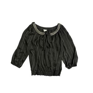 Cache Vintage sheer blouse 3/4 sleeves elastic cuff 90s tie studded neckline Y2K